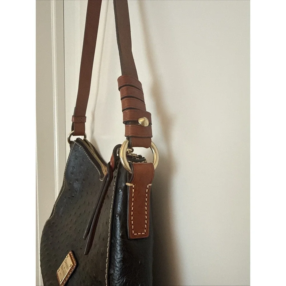 Dooney & Bourke Black Ostrich Embossed Leather Hobo Shoulder Bag Red Lining